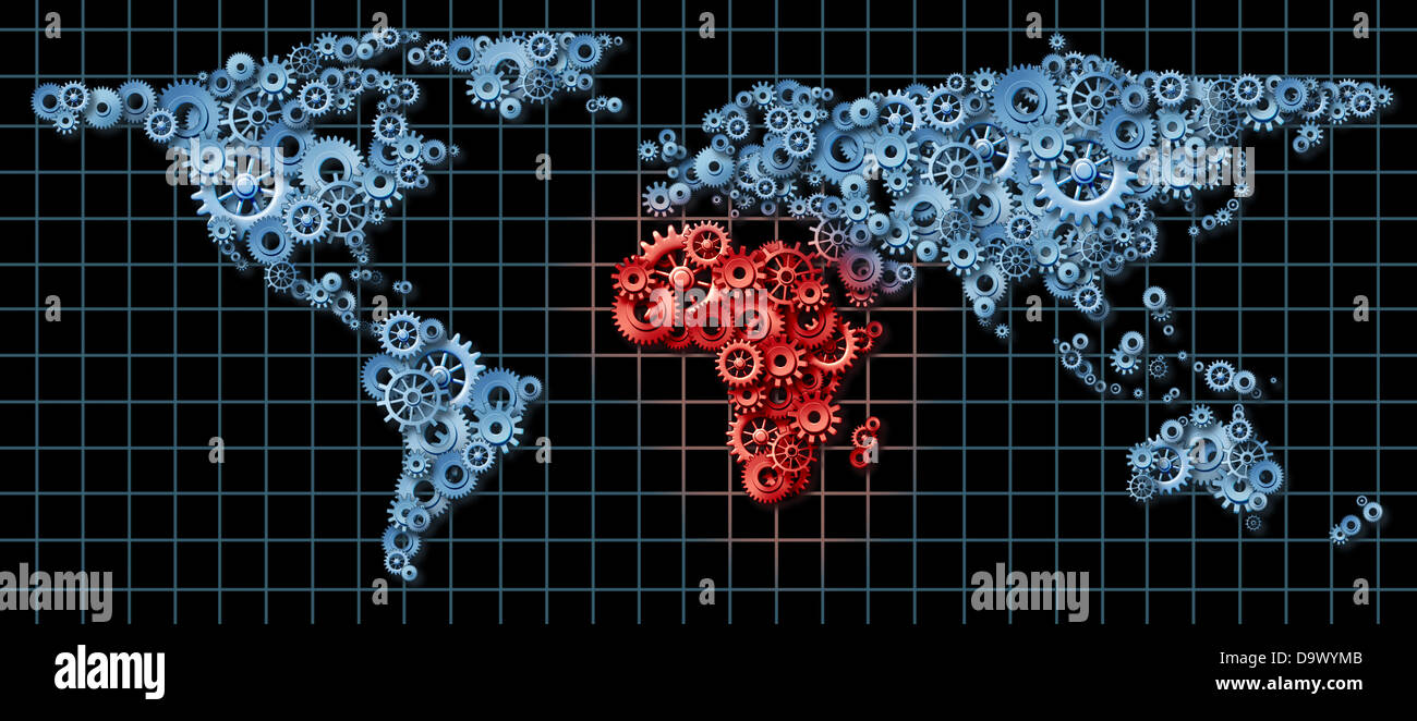 L'activité de l'économie de l'Afrique comme un concept d'affaires avec une carte du monde faite d'engrenages et de pignons avec l'Egypte Libye Maroc Nigeria en rouge comme une idée de la croissance économique. Banque D'Images