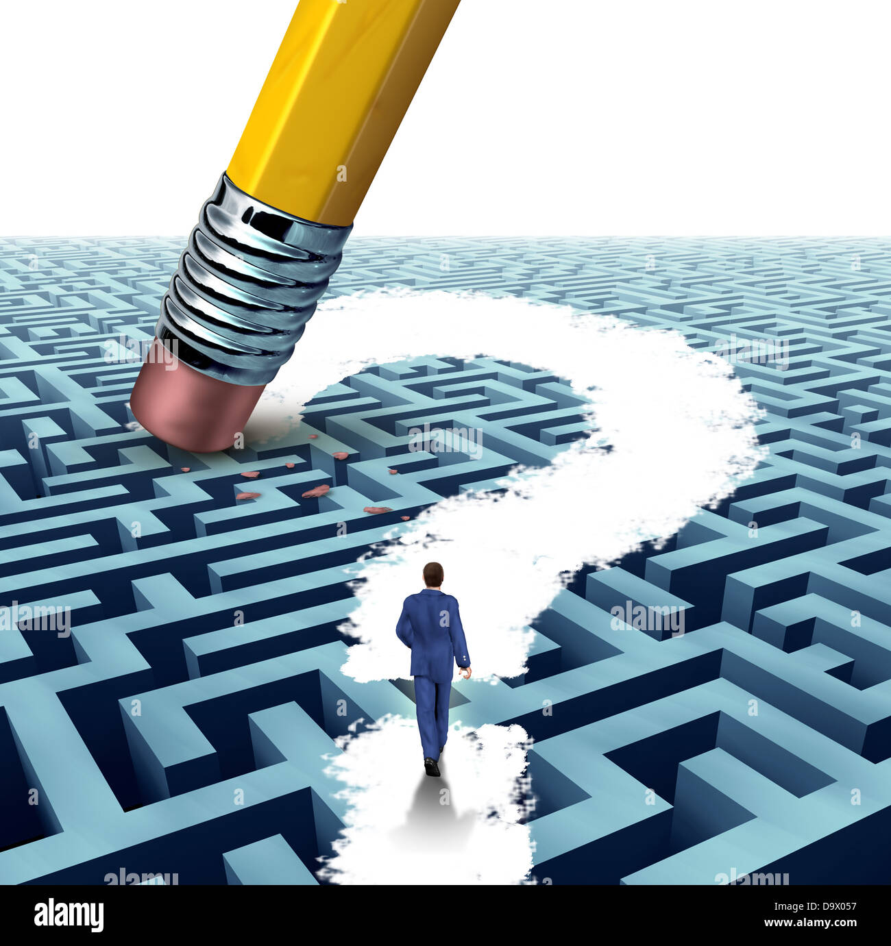 Questions de leadership à la recherche de solutions avec un homme marche à travers un labyrinthe compliqué par une gomme Banque D'Images