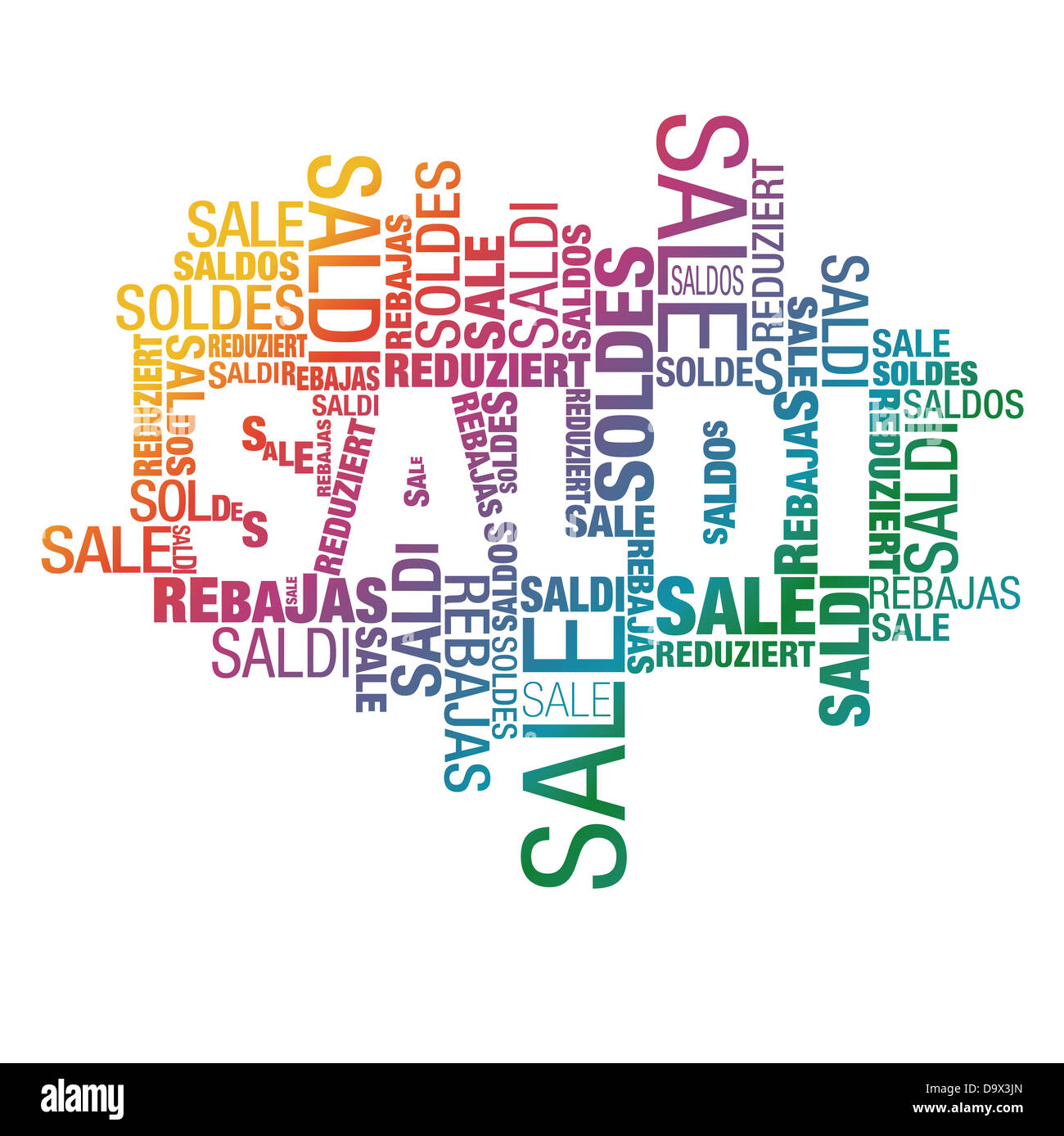 Saldi (vente) gradient international remise publicité nuage de mots Banque D'Images