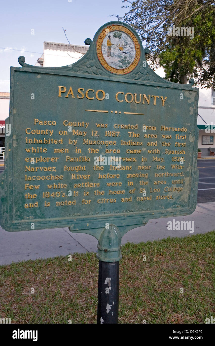 Comté de Pasco Pasco comté a été créé à partir d'Hernando comté le 12 mai 1887. Le sont est habitée par les Indiens et la première Muscogee hommes blancs dans la zone est venu avec l'explorateur espagnol Panfilo de Narvaez en mai, 1528. Narvaez ont combattu les Indiens près de la rivière Withlacoochee avant de déménager vers le nord. Peu de colons blancs étaient dans la région jusqu'à ce que les années 1840. Il s'agit d'accueil de Saint Leo College et est noté pour les agrumes et les magasins de la marine. Florida Commission des parcs et monuments historiques, 1981 Banque D'Images Comté de Pasco Pasco comté a été créé à partir d'Hernando comté le 12 mai 1887. Le sont est habitée par les Indiens et la première Muscogee hommes blancs dans la zone est venu avec l'explorateur espagnol Panfilo de Narvaez en mai, 1528. Narvaez ont combattu les Indiens près de la rivière Withlacoochee avant de déménager vers le nord. Peu de colons blancs étaient dans la région jusqu'à ce que les années 1840. Il s'agit d'accueil de Saint Leo College et est noté pour les agrumes et les magasins de la marine. Florida Commission des parcs et monuments historiques, 1981 Banque D'Images