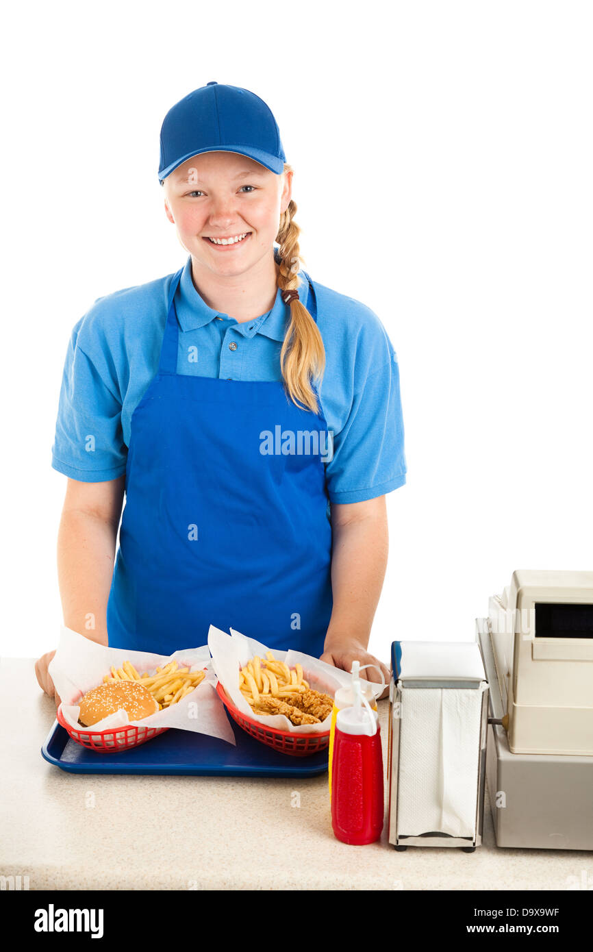 Travailleur adolescent sert repas dans un fast-food. Fond blanc Banque D'Images