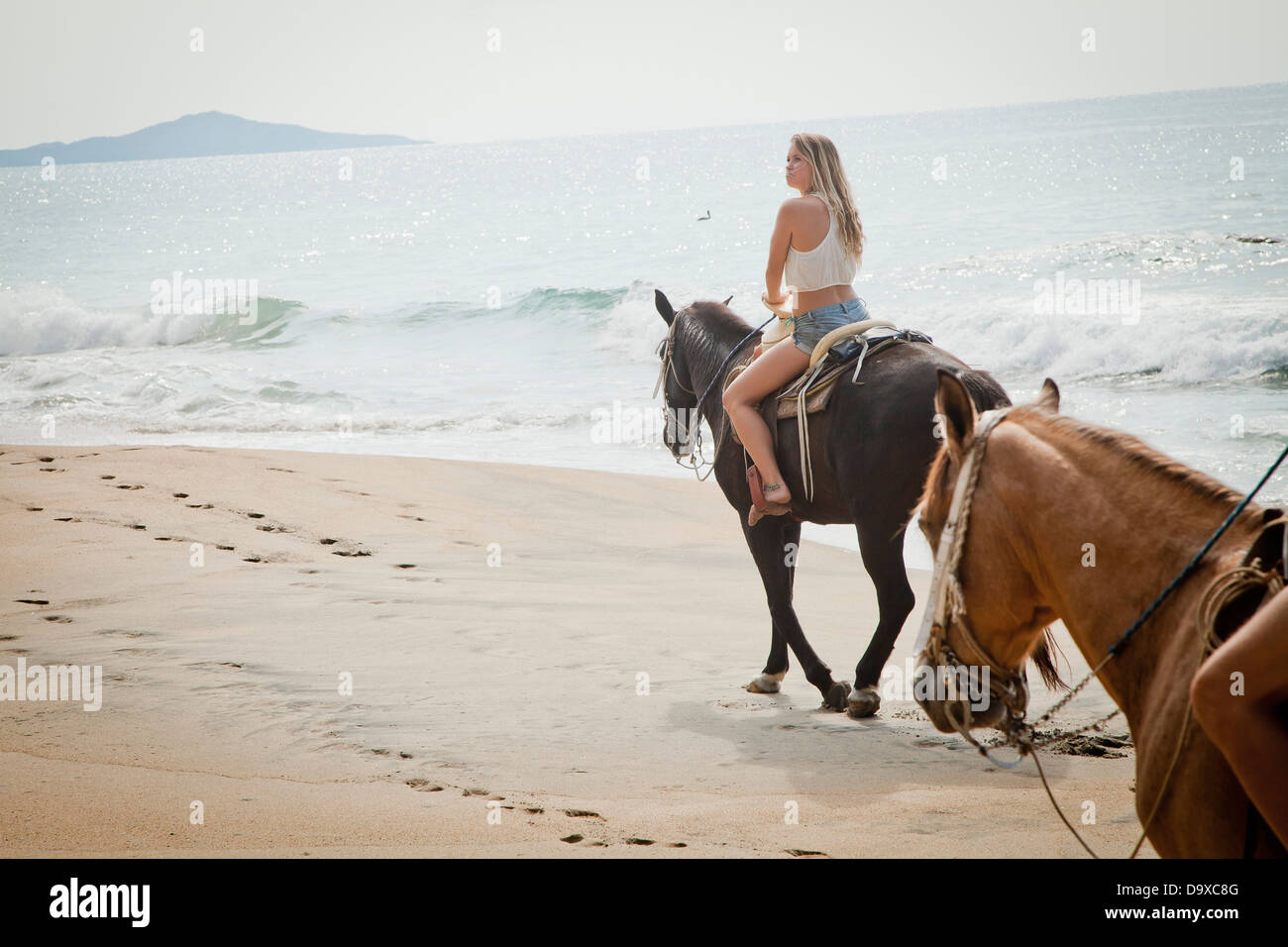 Young woman riding horse on beach Banque D'Images
