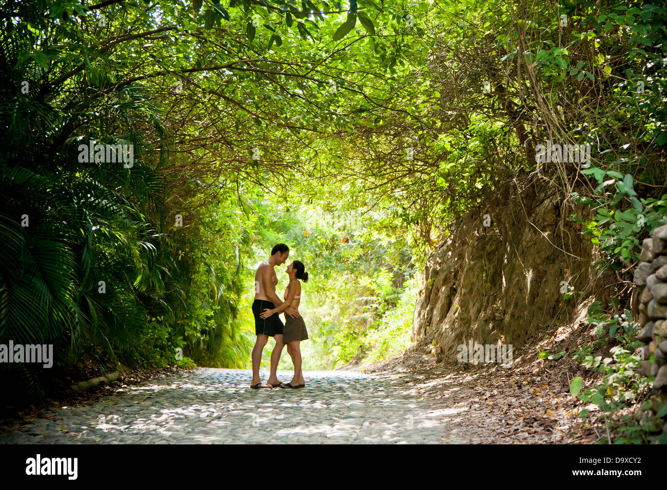 Couple walking down tree chemin voûté Banque D'Images Couple walking down tree chemin voûté Banque D'Images