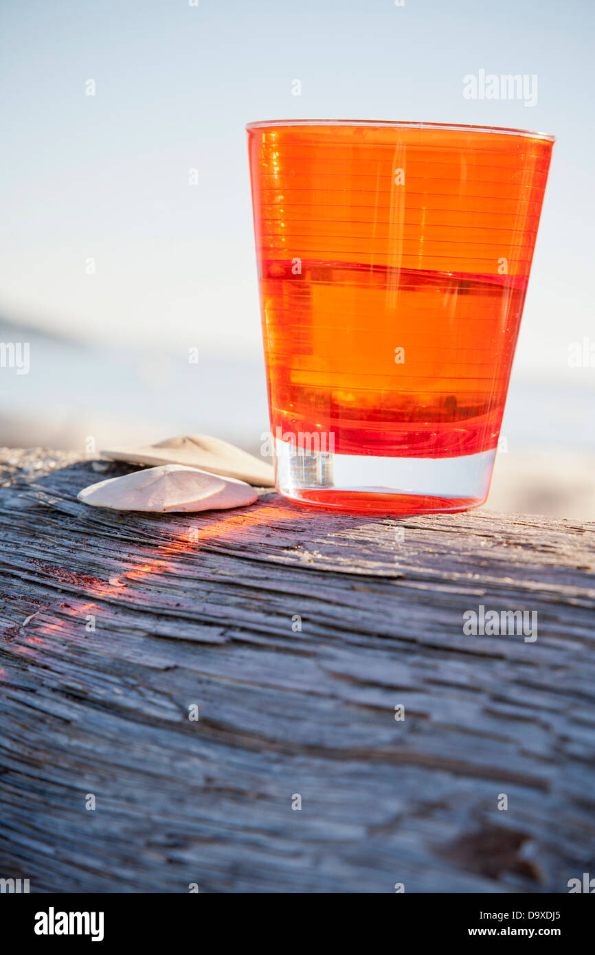 Tasse Orange sur driftwood log Banque D'Images Tasse Orange sur driftwood log Banque D'Images