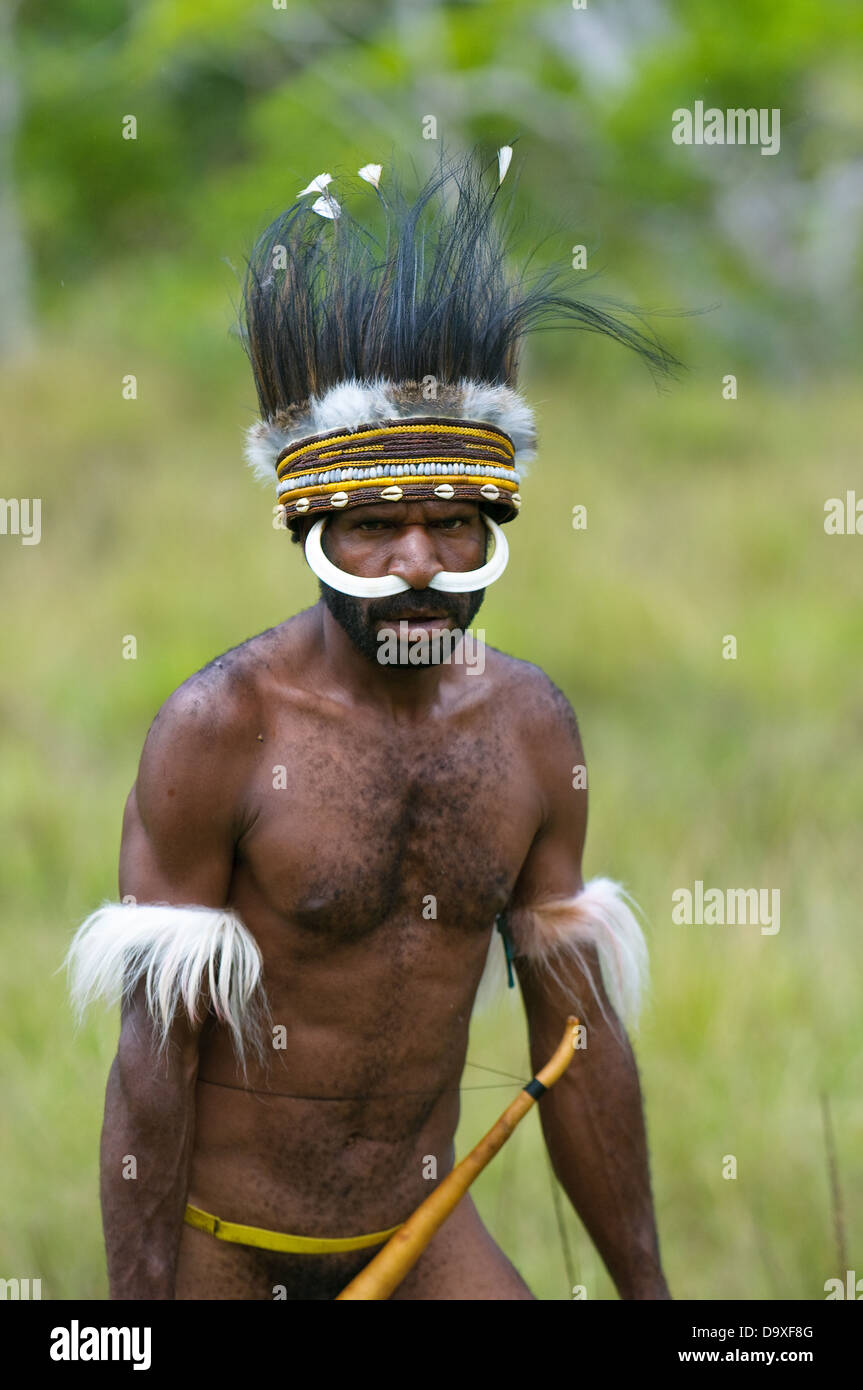 Les gens de la tribu Dani combats traditionnelle sur la danse, Novembre 14, 2008 près de Wamena, Papouasie, Indonésie. Banque D'Images