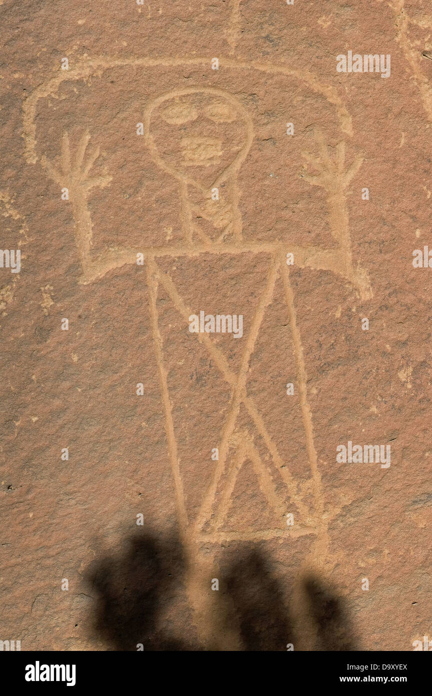 Pétroglyphe amérindien d'une figure humaine dans la région de Lobo, Canyon Cebolla Désert, Nouveau Mexique. Photographie numérique Banque D'Images