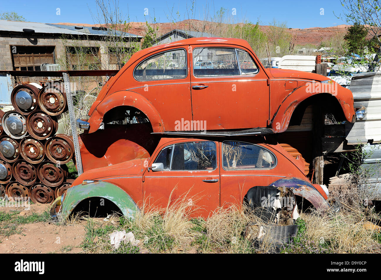 Parc à ferrailles plein de voitures et camionnettes Volkswagen. Près de Moab, Utah, USA. Banque D'Images