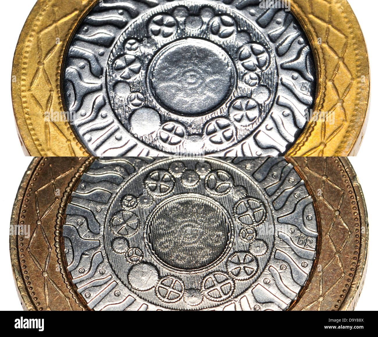La contrefaçon des pièces de 2 € (en haut) par rapport à de véritables (bas) montrant le manque de détails et de couleur différente. (Voir description) Banque D'Images