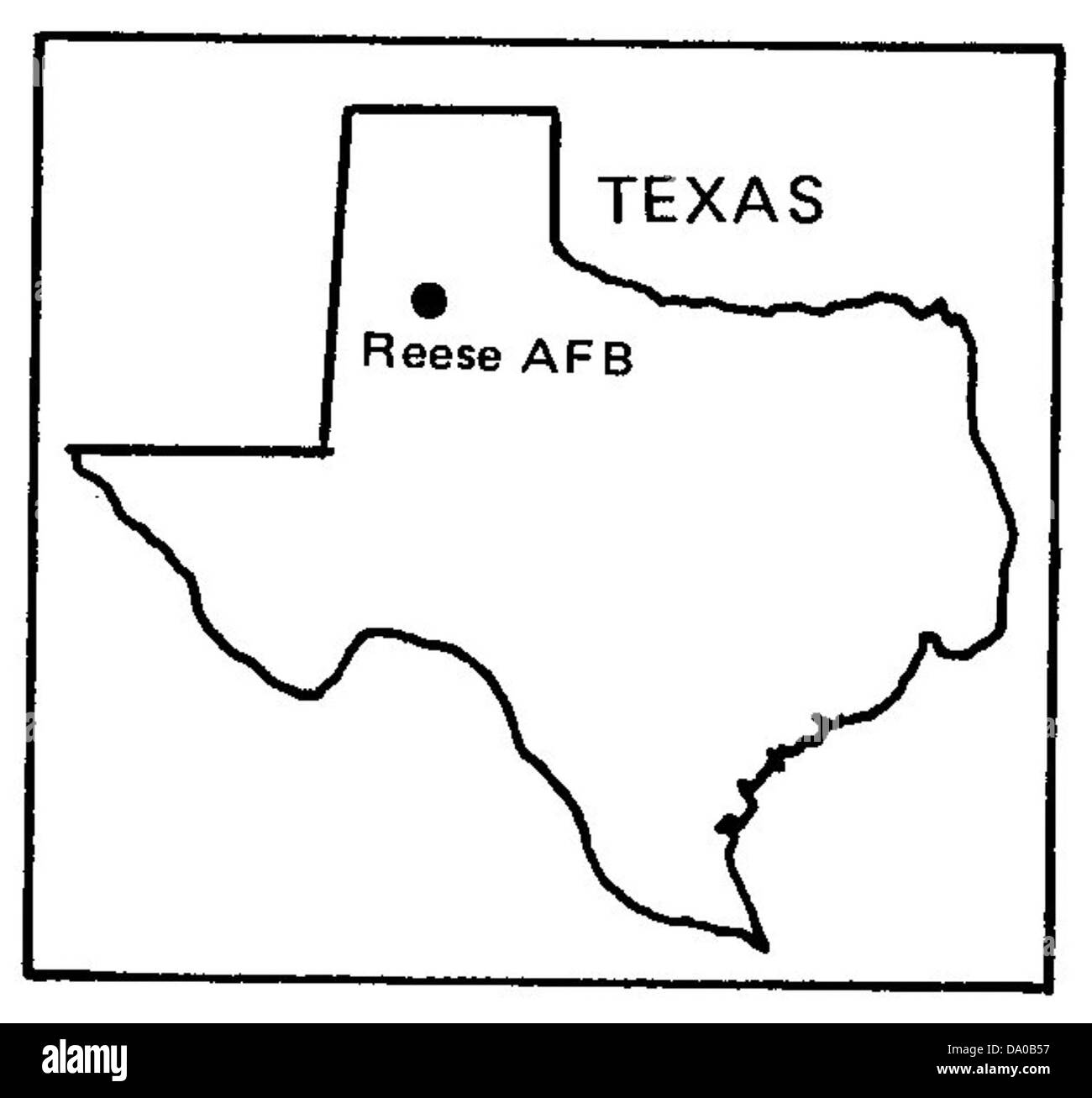 La Reese Air Force base, située à Lubbock, au Texas, était une base d'entraînement majeure pour les pilotes de l'US Air Force. La carte illustre la disposition de la base, en mettant en évidence les installations clés telles que les pistes, les hangars et les zones d'entraînement pendant sa période opérationnelle. Banque D'Images La Reese Air Force base, située à Lubbock, au Texas, était une base d'entraînement majeure pour les pilotes de l'US Air Force. La carte illustre la disposition de la base, en mettant en évidence les installations clés telles que les pistes, les hangars et les zones d'entraînement pendant sa période opérationnelle. Banque D'Images
