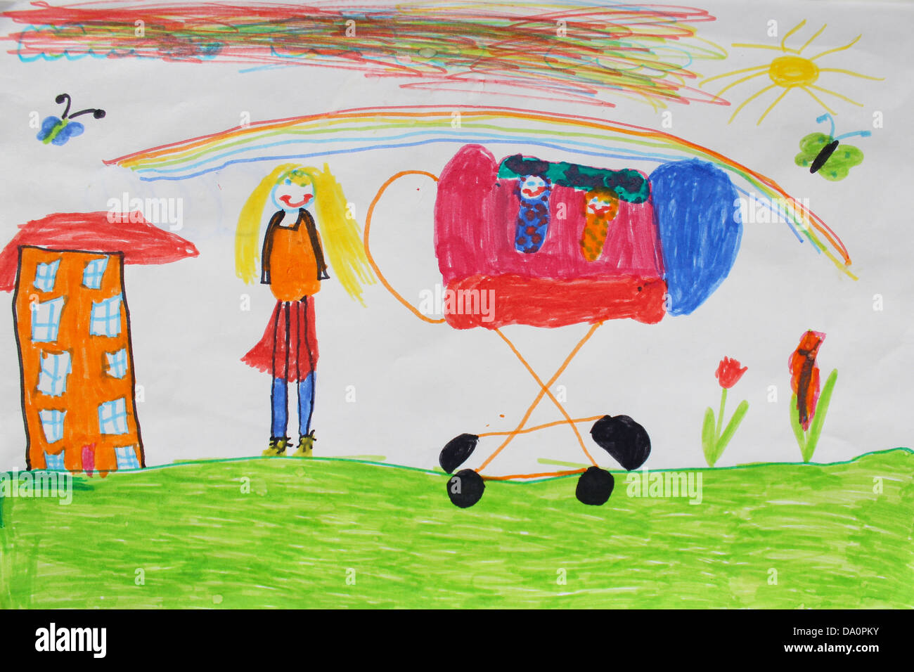 Image de la mère de de dessins d'enfants avec perambulator Banque D'Images