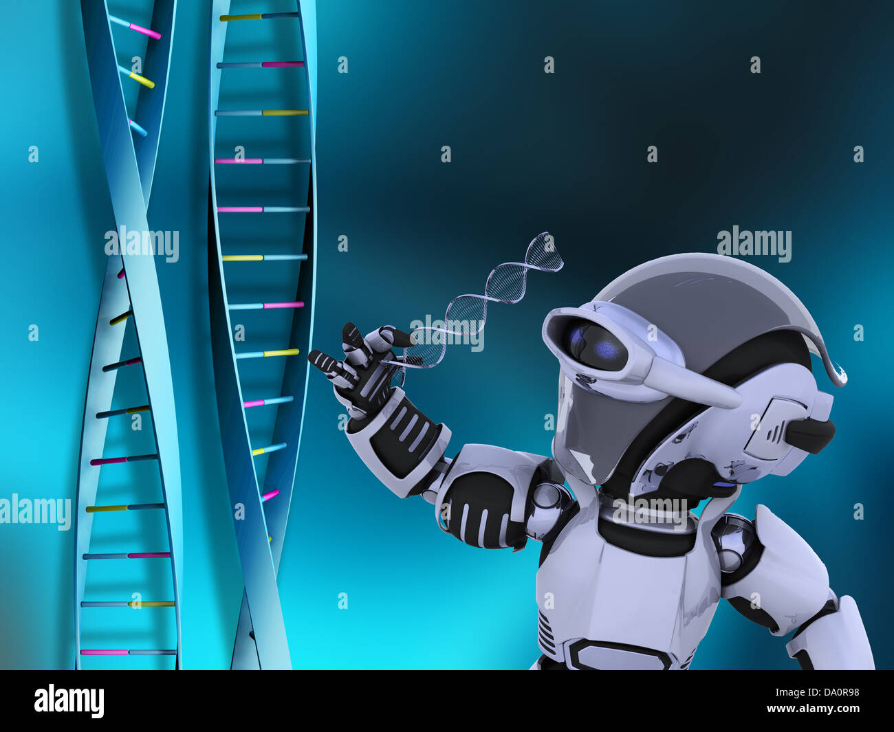 3D render of a robot examinant les brins d'ADN Banque D'Images