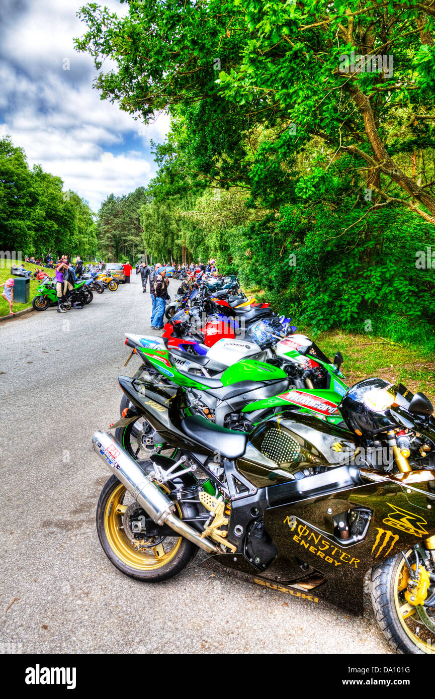 Willingham woods bike park lieu de rencontre motos garées Market Rasen, Lincolnshire, Angleterre, Royaume-Uni Banque D'Images