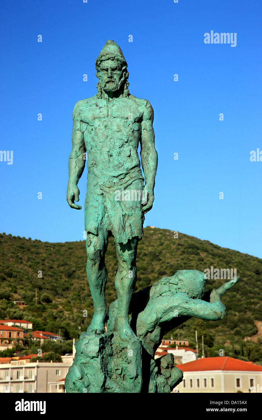Statue de Ulisses ('Odysseas') au port de Vathy, la capitale de l'Ithaca ('Ithaque'), île de la mer Ionienne, en Grèce. Banque D'Images