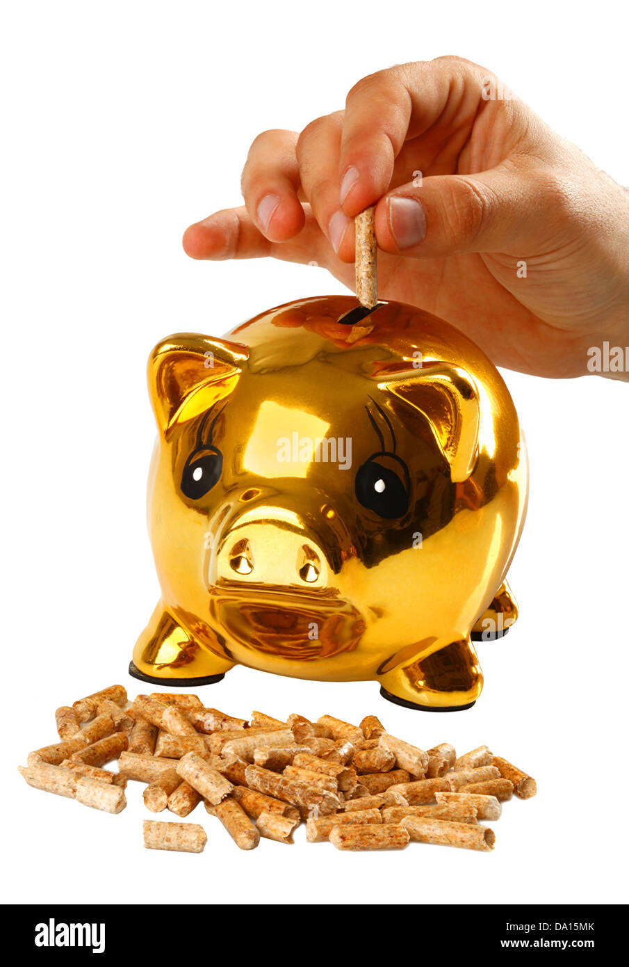 Granulés Bois avec piggy bank on white background Banque D'Images