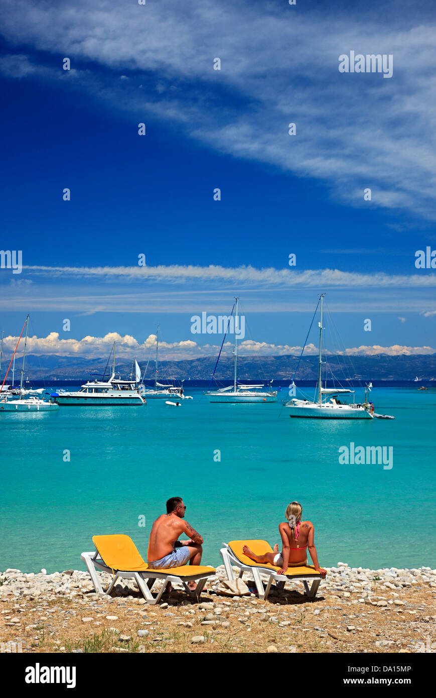 Charami beach, Lakka village et bay, Paxos ('Paxi'), l'île de Corfou (Kerkyra) préfecture, Mer Ionienne, en Grèce. Banque D'Images