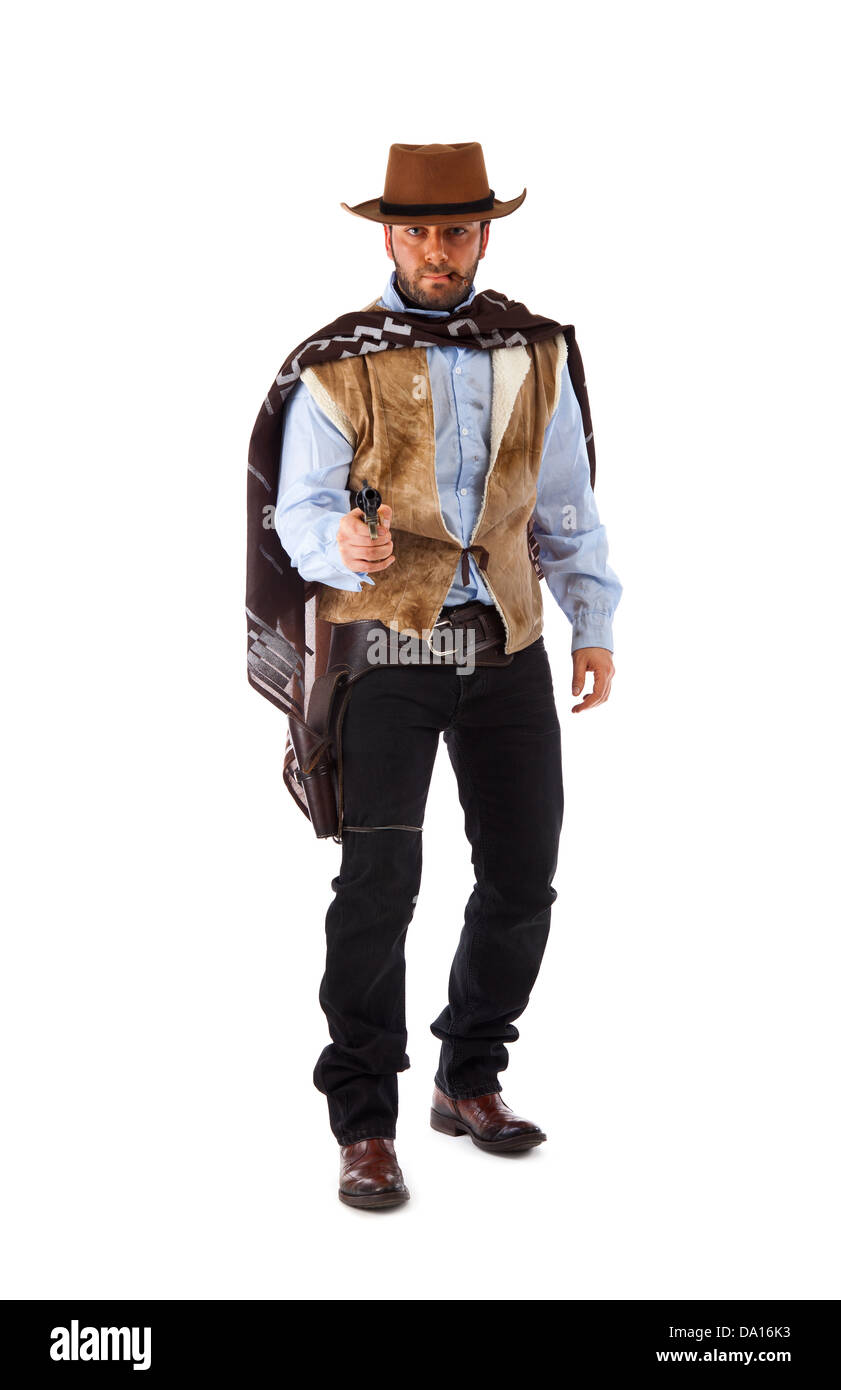 Dans l'ancien tireur de l'ouest sauvage sur fond blanc. Banque D'Images
