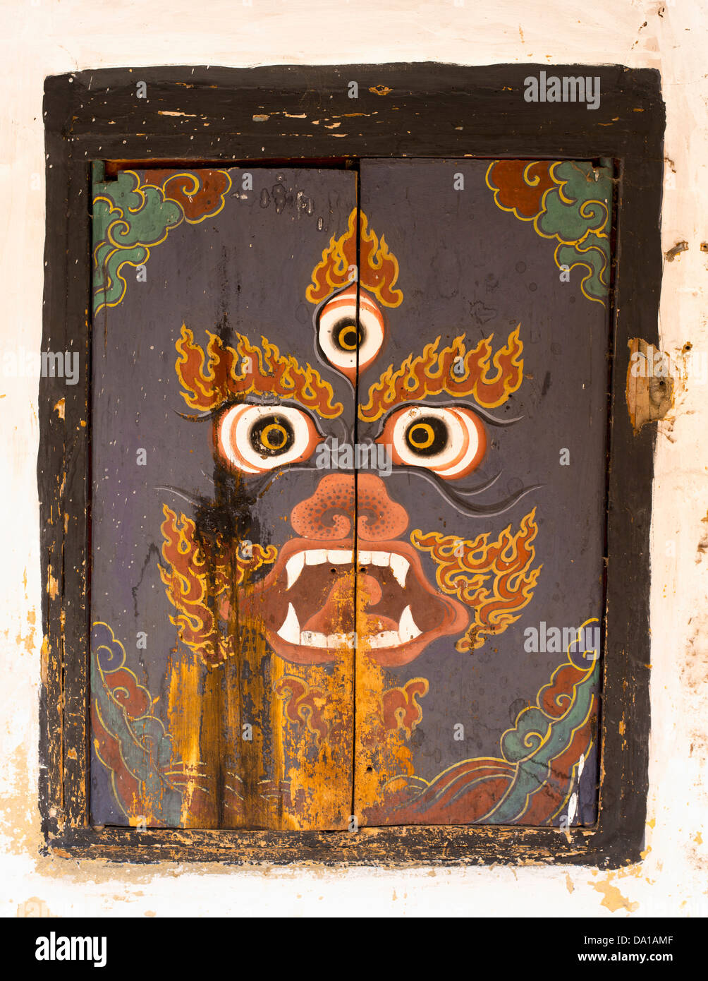 Le Bhoutan, la peinture sur bois à Tamshing temple Banque D'Images