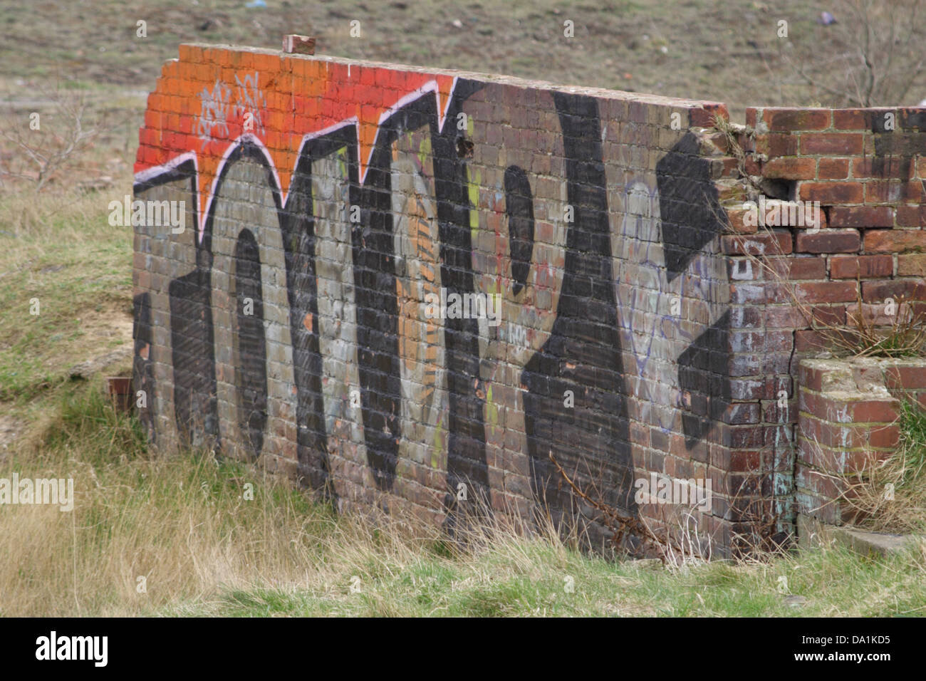 Mur de briques, de graffitis disant TOUPE. Mur est entouré d'herbe. Mur est abandonnée et en ruine. Banque D'Images