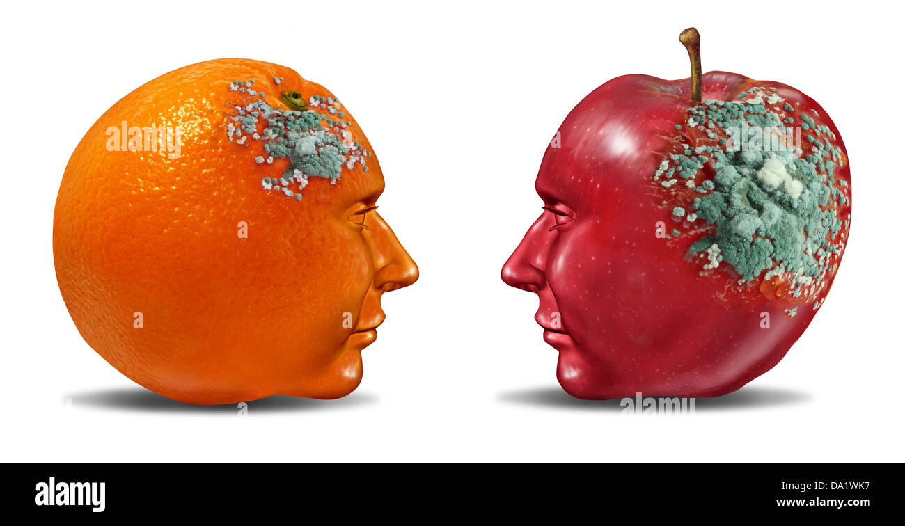 Mauvais contrôle de l'esprit de partenariat et d'une pomme et une orange en forme d'une tête humaine avec moule en décomposition comme un symbole d'une entreprise Banque D'Images