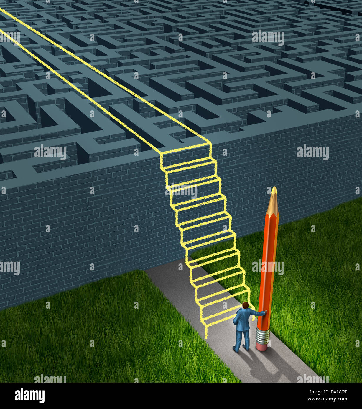 La stratégie de l'entreprise solutions comme un concept pour la planification financière pour surmonter un labyrinthe déroutant ou labyrinthe avec de nouveaux modes de pensée comme un portrait d'un crayon création d'un dessin d'un escalier pont sur l'obstacle. Banque D'Images