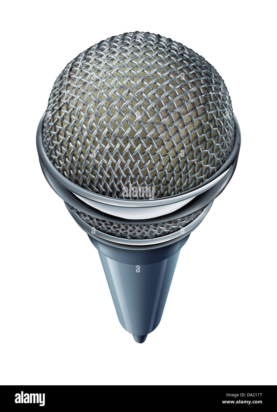 Ou Microphone mic isolé sur un fond blanc comme un symbole de divertissement et de communication lors d'un spectacle ou d'un séminaire avec du son équipement dans une vue frontale et perspective forcée. Banque D'Images
