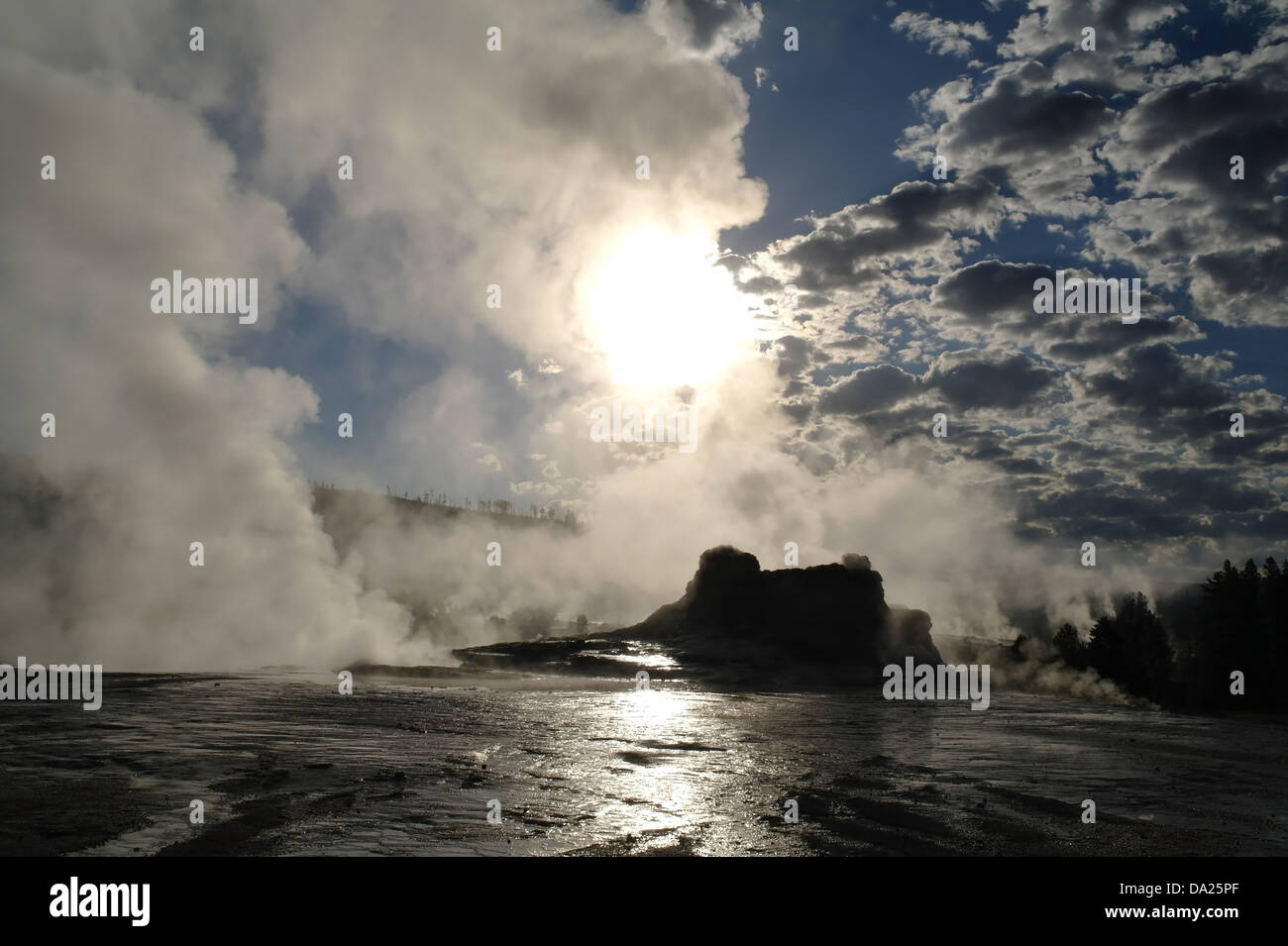 Soleil du matin dans le ciel de cumulus brille à travers l'augmentation de vapeur de silhouette Château Geyser, Upper Geyser Basin, Yellowstone, Wyoming Banque D'Images