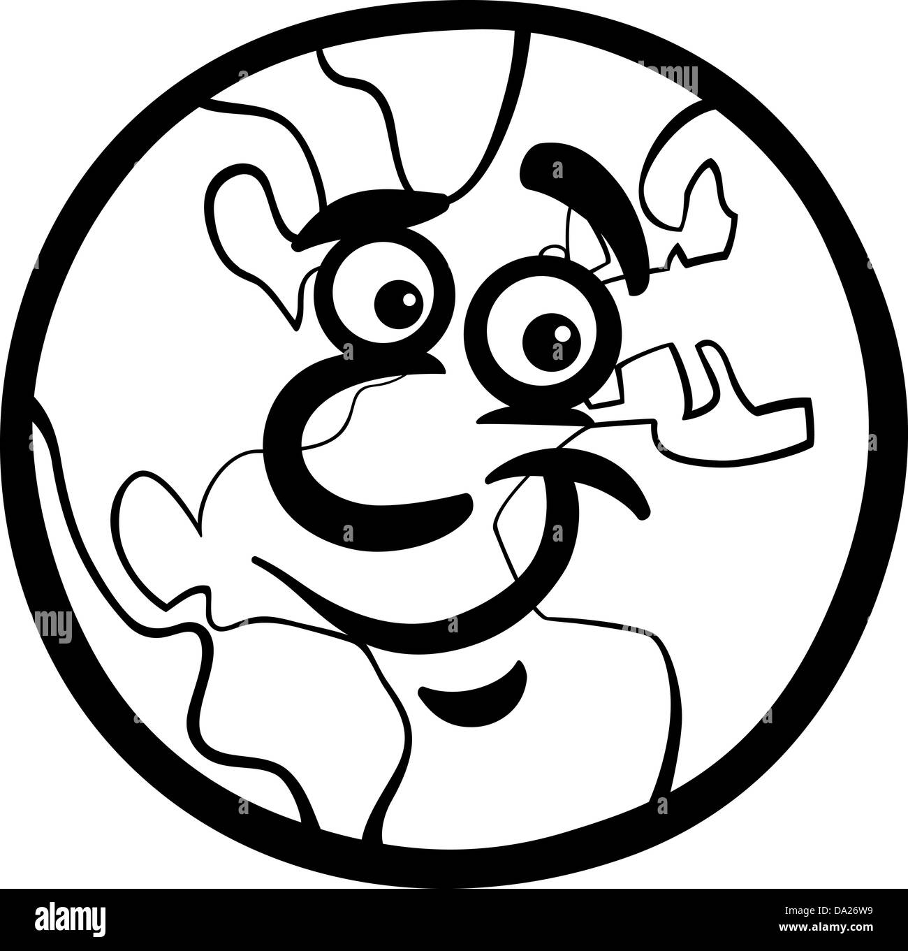 Illustration Cartoon noir et blanc de Funny Earth Planet Comic Mascot Character pour enfants à colorier Livres Banque D'Images