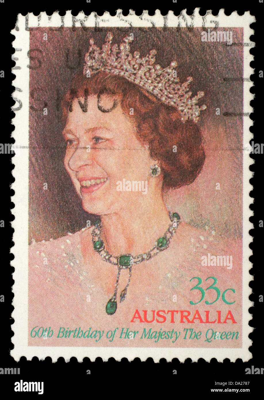 Timbres en Australie montrant la reine Elisabeth II avec l'inscription 60e anniversaire de Sa Majesté la Reine, vers 1986 Banque D'Images