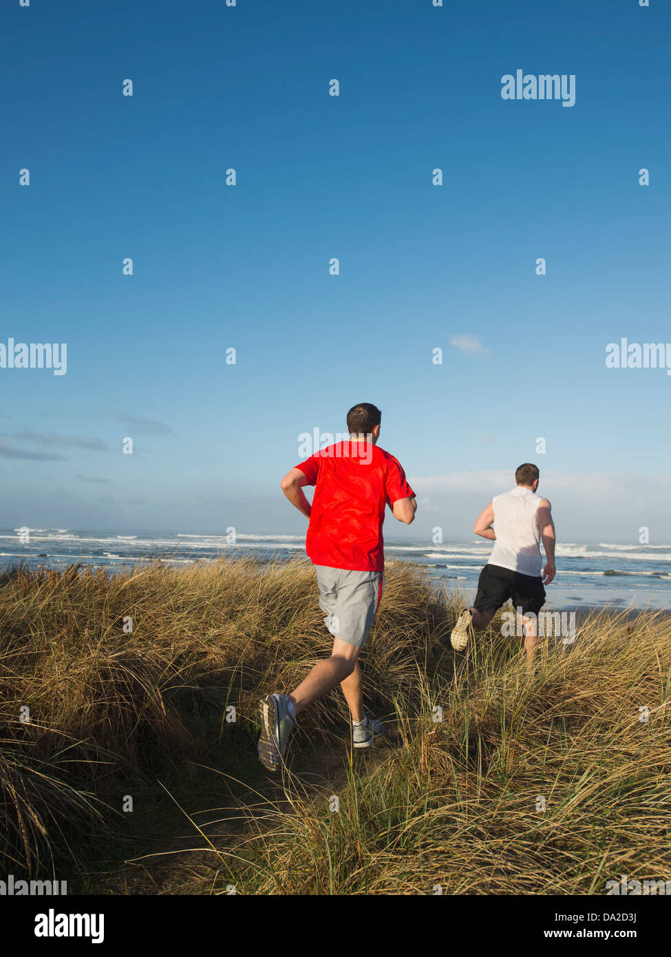 USA, Ohio, Rockaway Beach, les jeunes hommes adultes fonctionnant sur dune Banque D'Images