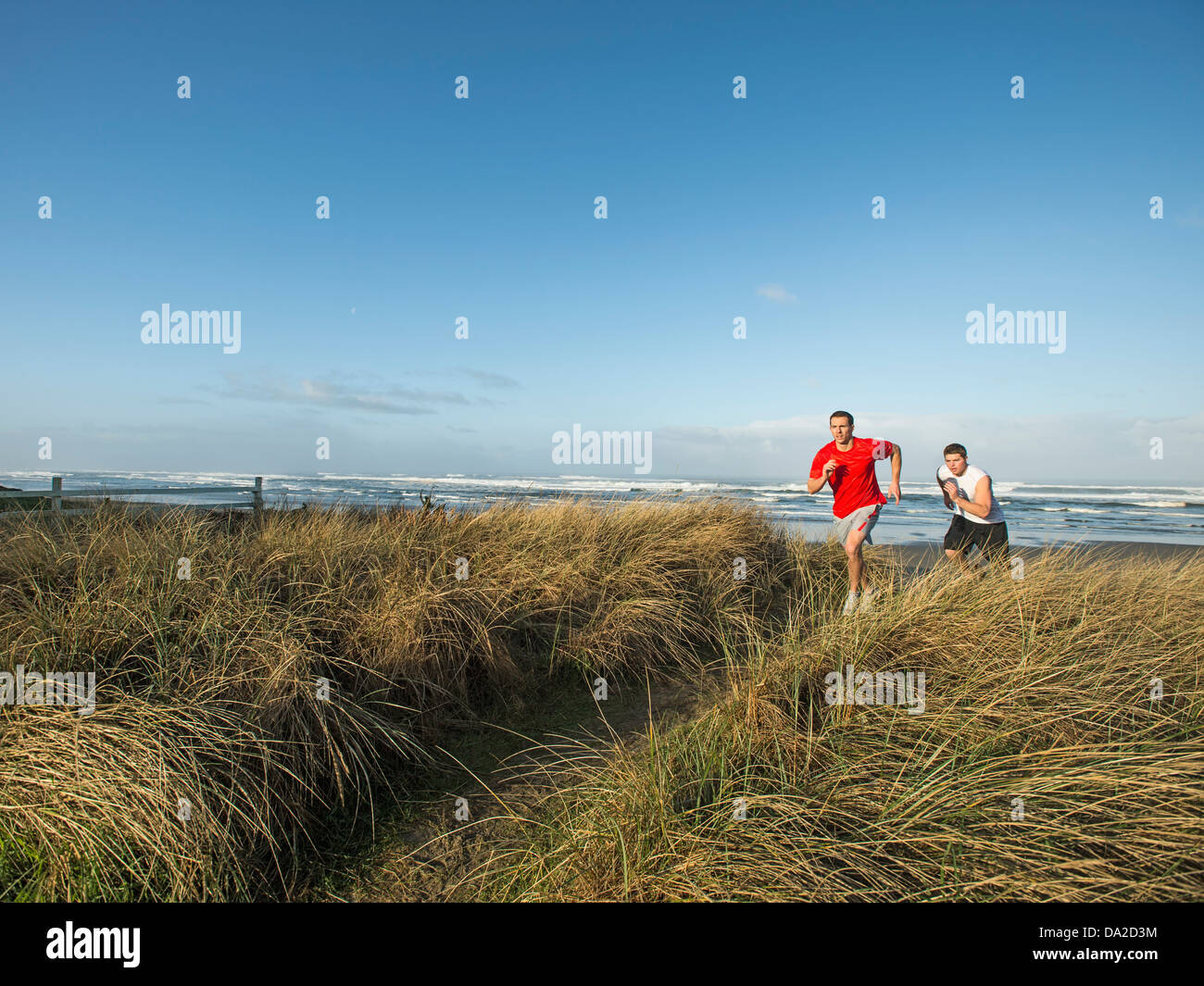 USA, Ohio, Rockaway Beach, les jeunes hommes adultes fonctionnant sur dune Banque D'Images