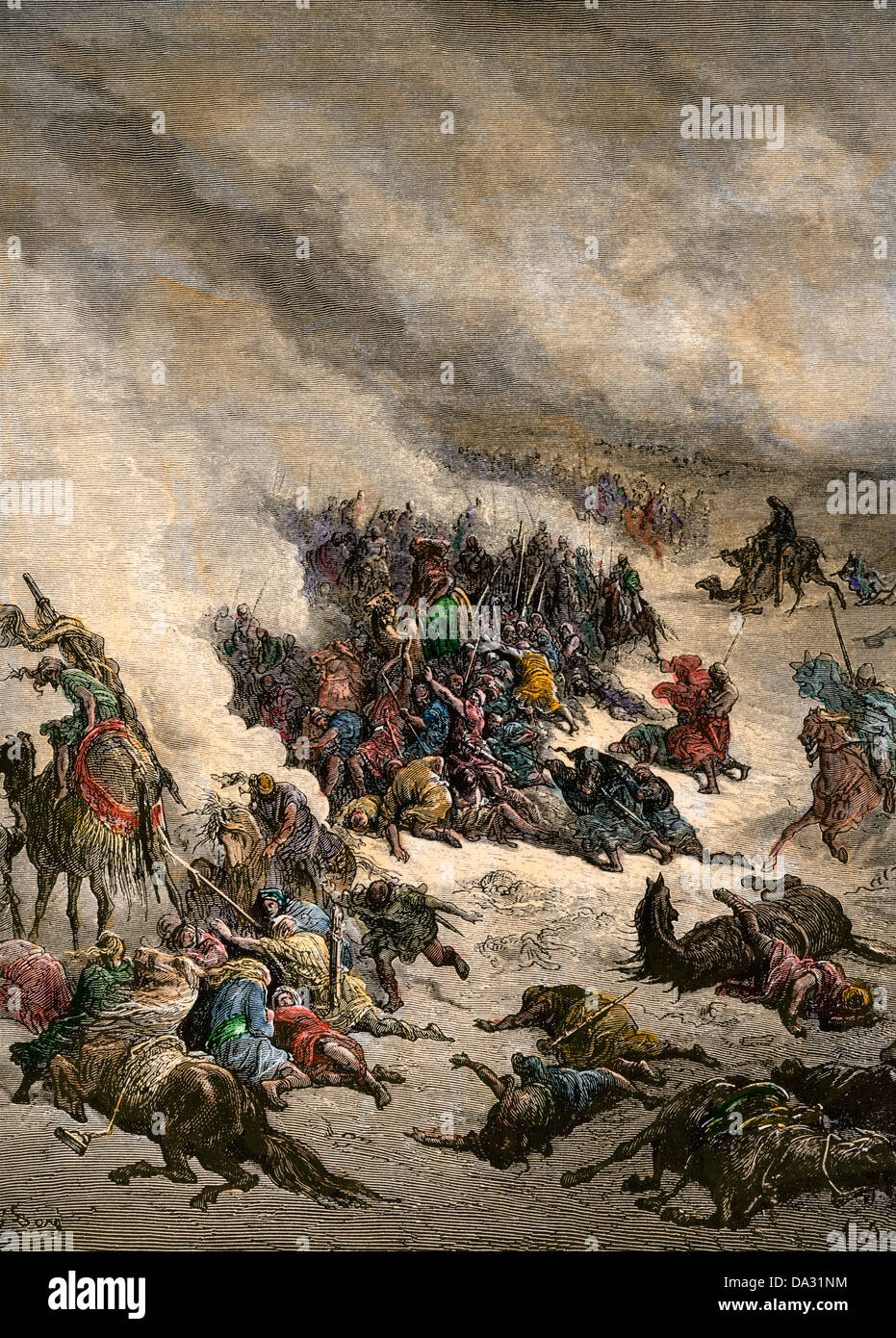 L'armée perse de Cambyse II détruit dans une tempête de sable d'Afrique du Nord après la conquête de la vallée du Nil, 522 BC. À la main, gravure sur bois, d'un boucher illustrati Banque D'Images