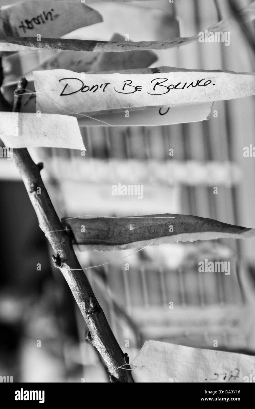 Feuillets de papier à la main, direction générale de patinage avec information à la lecture 'ne pas être ennuyeux' à l'Art Moderne à la 2012 à Boise, ID Banque D'Images