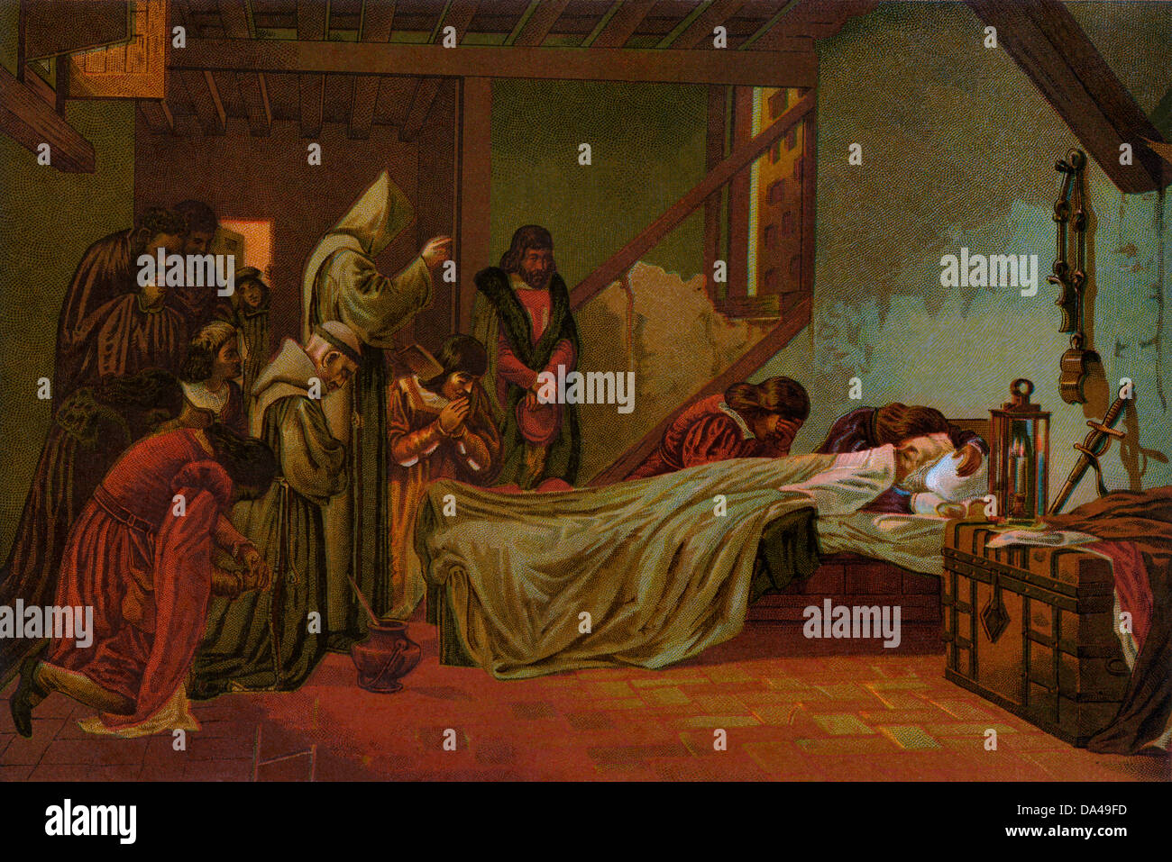 La mort de Colomb à Valladolid, Espagne, 1506. Lithographie couleur Banque D'Images