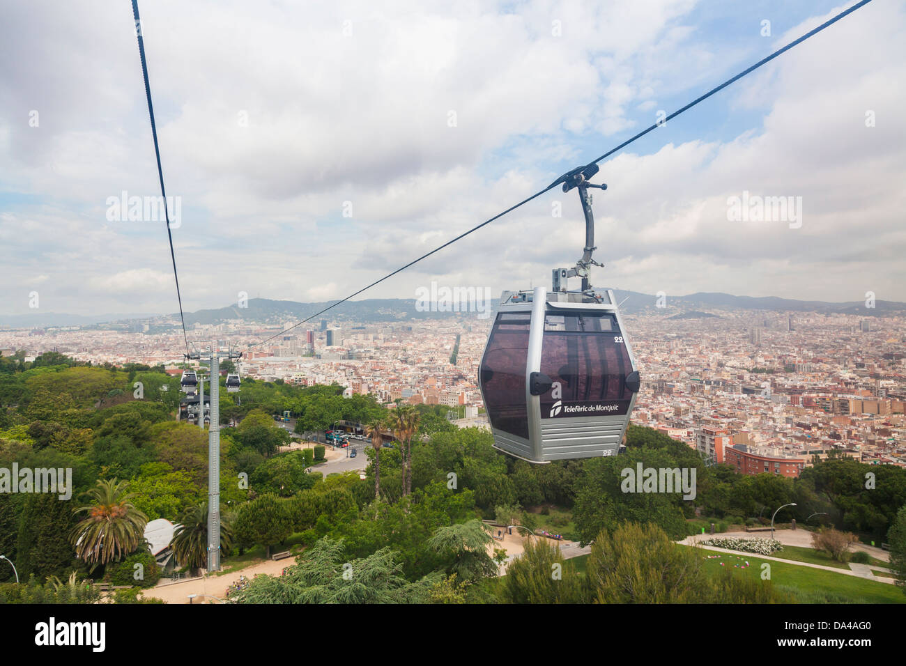 Le téléphérique de Montjuïc avec un panorama de Barcelone. Banque D'Images