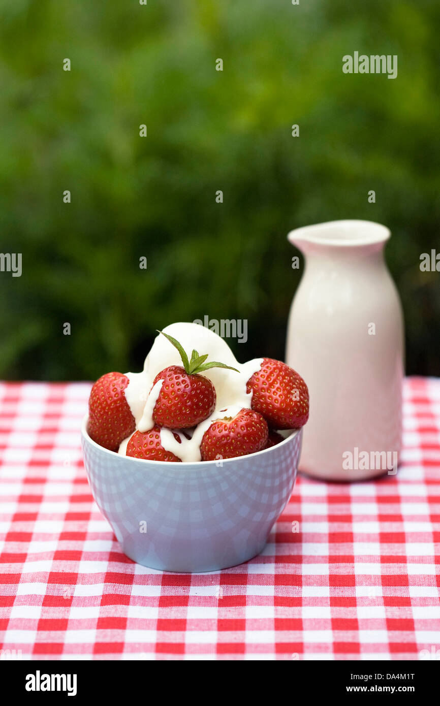 Bol de fraises fraîchement cueillies et la crème. Banque D'Images