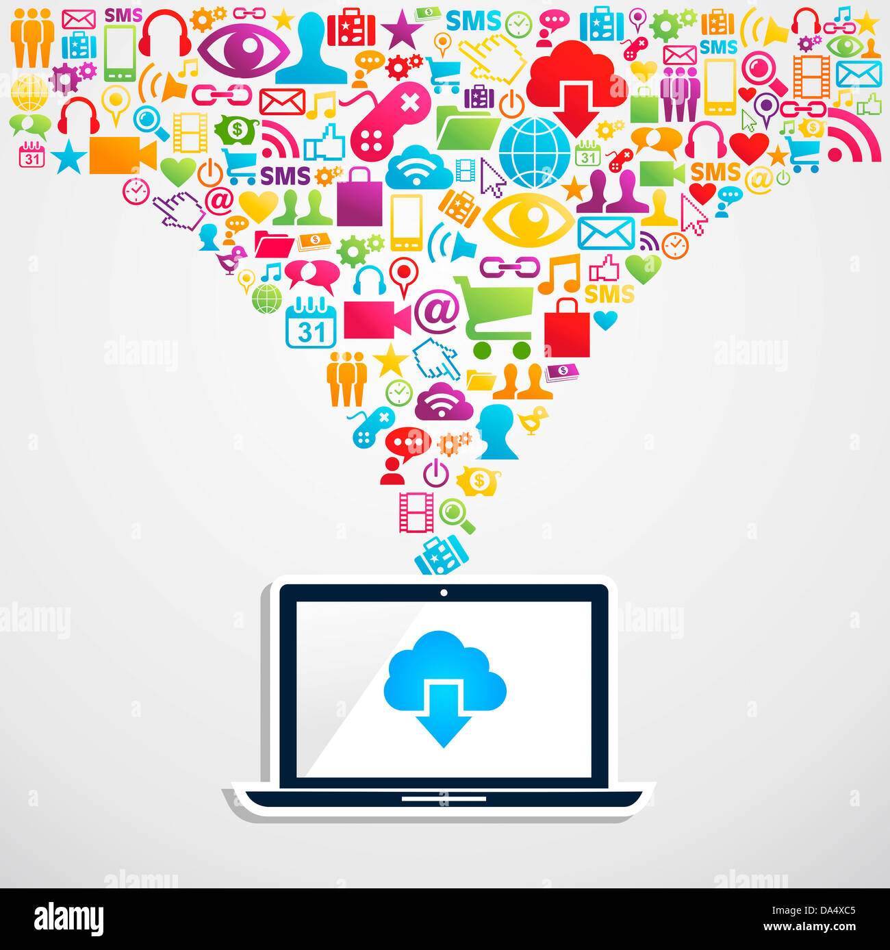 L'icône du réseau social media diversité splash avec ordinateur portable de cloud computing. Couches d'illustration vectorielle pour une manipulation facile et coloris. Banque D'Images