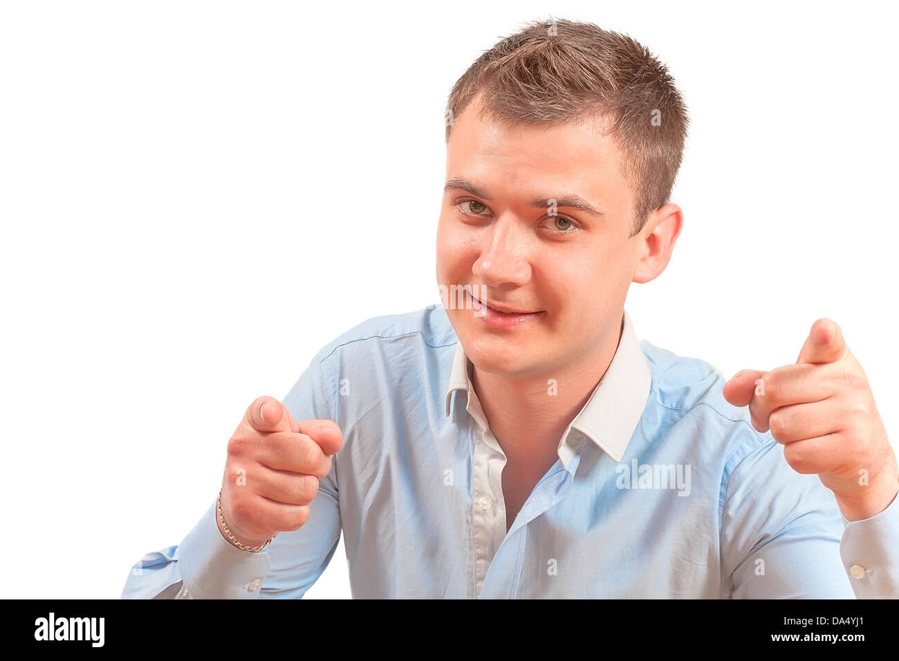 Portrait d'un jeune mec qui expose son index Banque D'Images