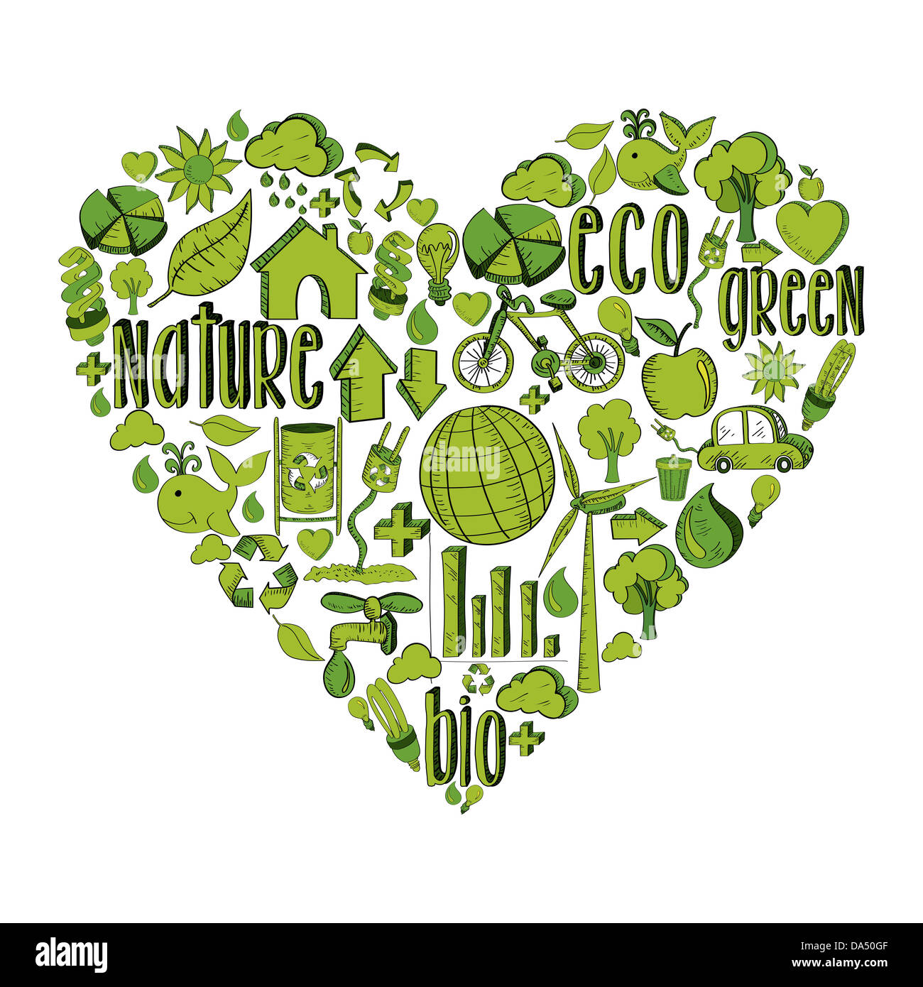 Coeur de l'environnement branché avec icônes dessinés à la main, en vert. Cette illustration est disposé en couches pour une manipulation facile et coloris Banque D'Images