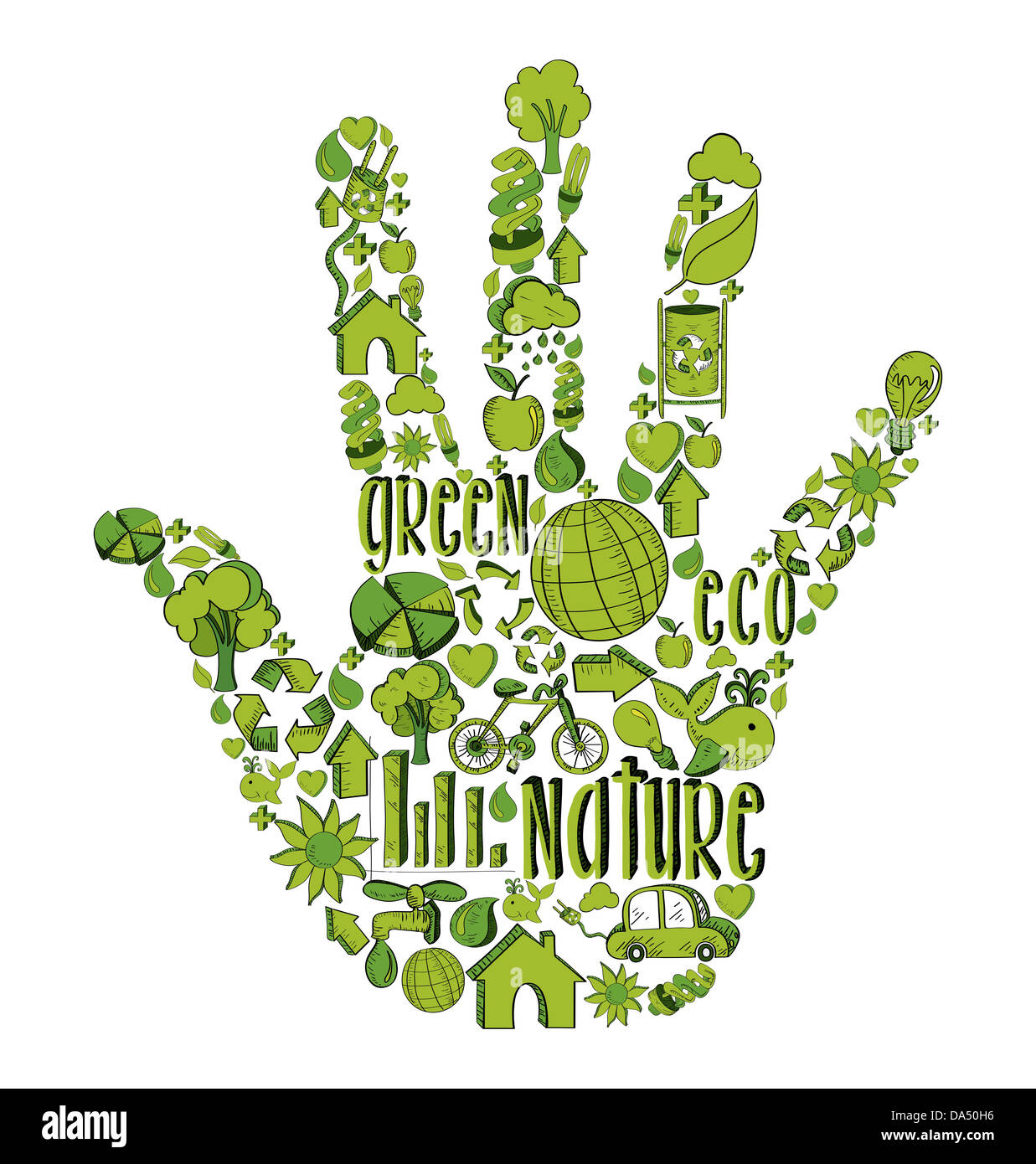 La main avec la main de l'environnement d'icônes dans le vert. Cette illustration est disposé en couches pour une manipulation facile et coloris Banque D'Images
