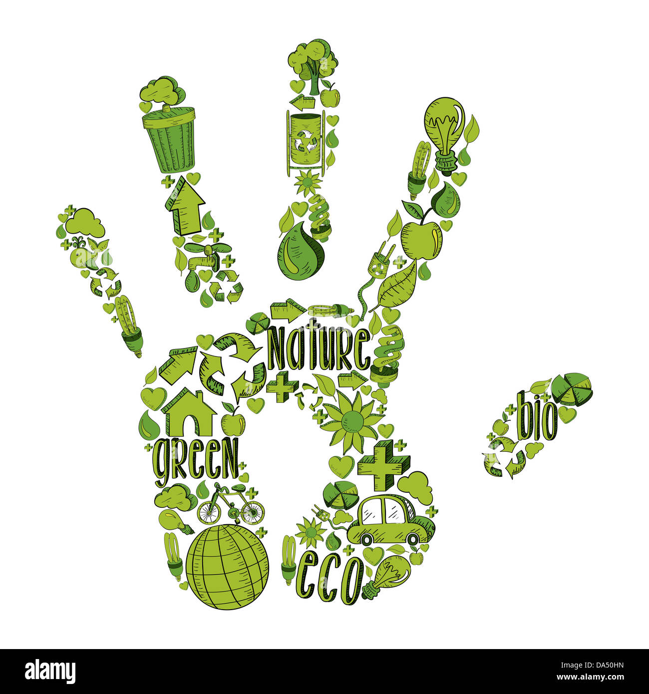 La main de l'environnement branché avec icônes dessinés à la main, en vert. Cette illustration est disposé en couches pour une manipulation facile et coloris Banque D'Images