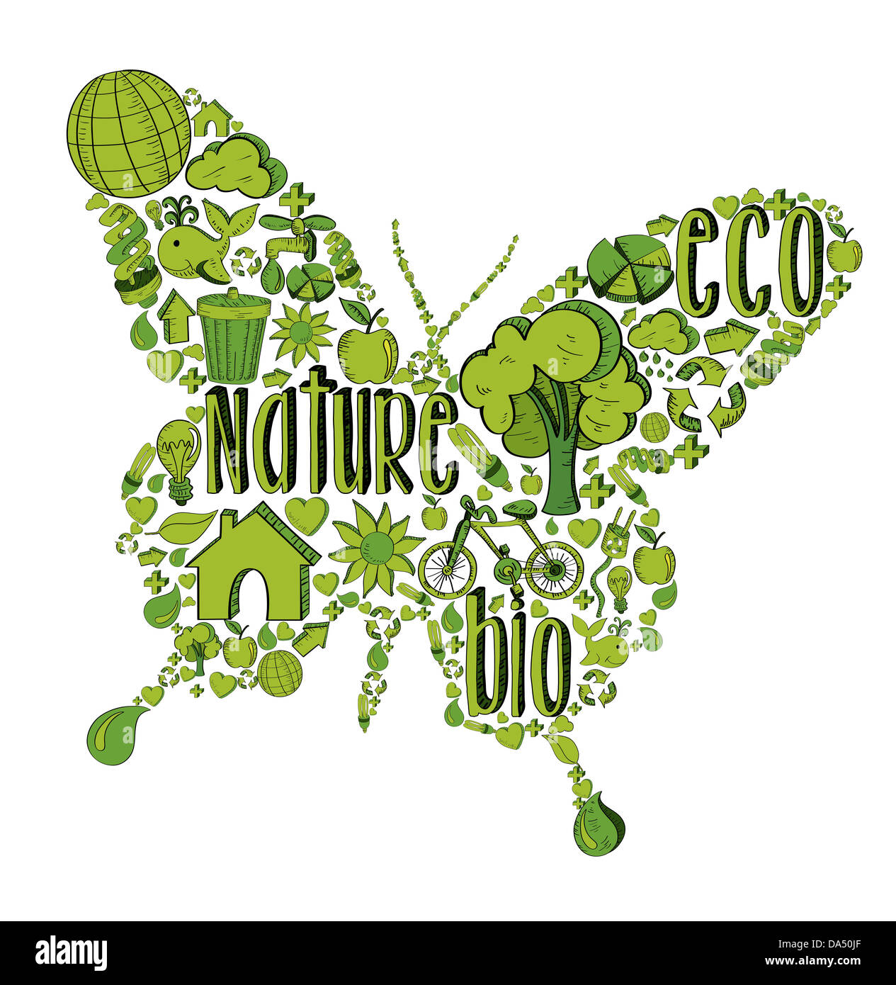 Papillon avec icônes dessinés à la main, de l'environnement en vert. Cette illustration est disposé en couches pour une manipulation facile et coloris Banque D'Images