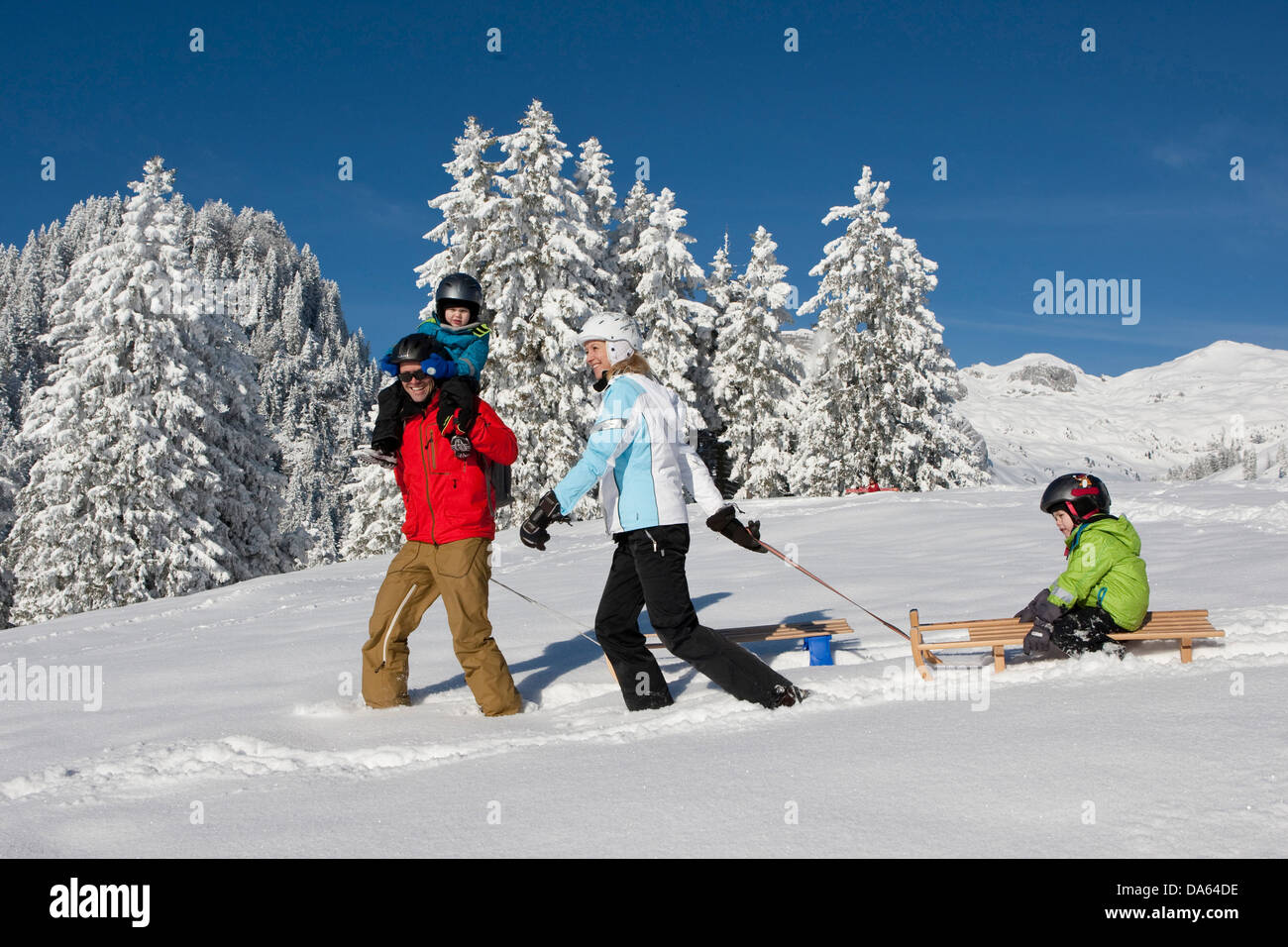 Ride, ski, luge, Gamplüt, Unterwasser, Wildhauser, montagne, montagnes Schafberg, famille, traîneau, traîneau, randonnée, luge, Banque D'Images
