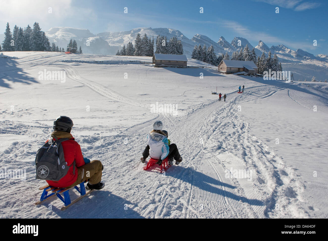 Ride, ski, luge, Gamplüt, Unterwasser, montagne, Churfirsten, montagnes, famille, traîneau, traîneau, ride, toboggan, luge, Banque D'Images