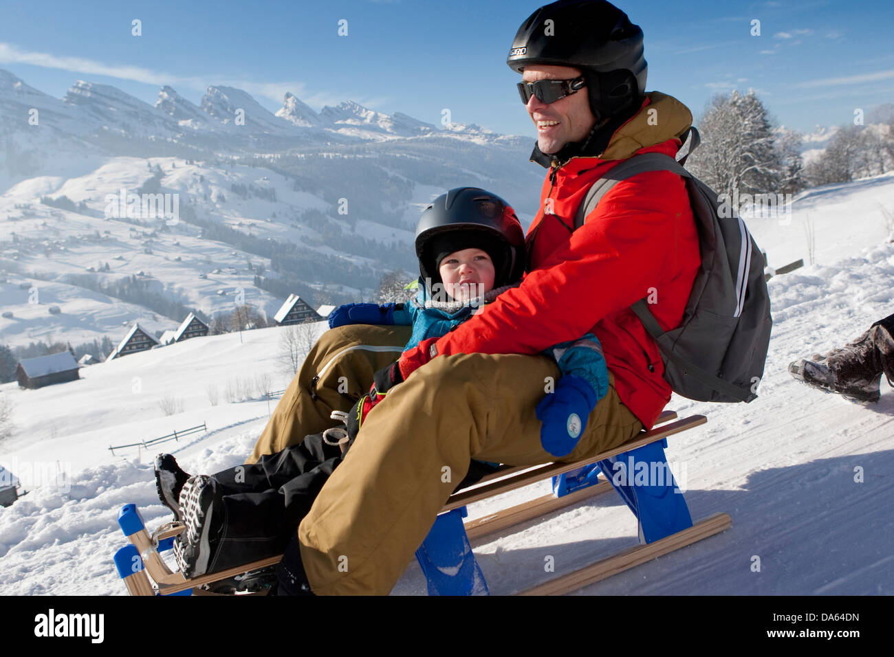 Ride, ski, luge, Gamplüt, Unterwasser, montagne, Churfirsten, montagnes, famille, traîneau, traîneau, ride, toboggan, luge, Banque D'Images