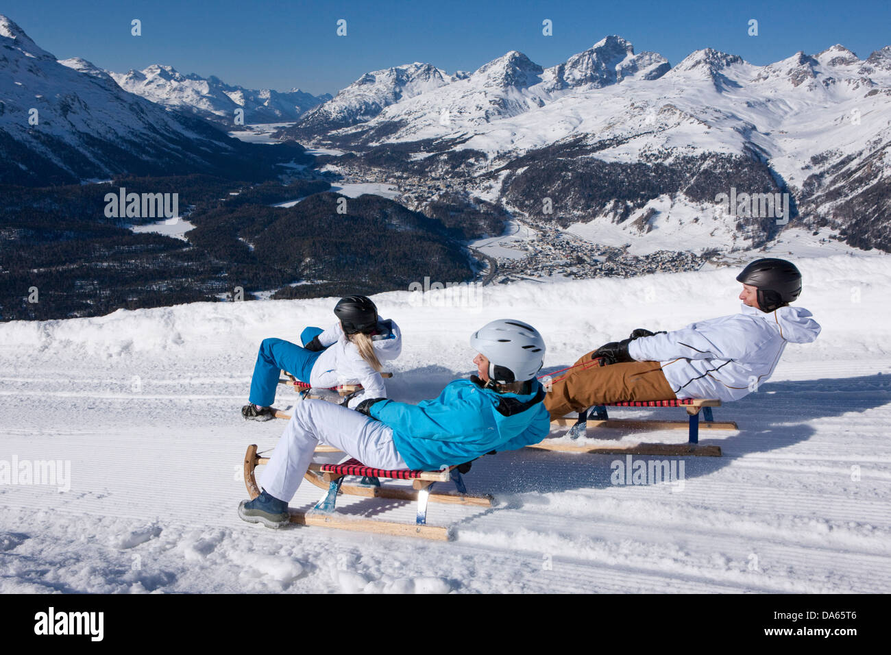 Ride, ski, luge, Muottas Muragl, vue, Engadine, Engadine, sports d'hiver, canton, GR, Grisons, Grisons, Engadine, Enga Banque D'Images