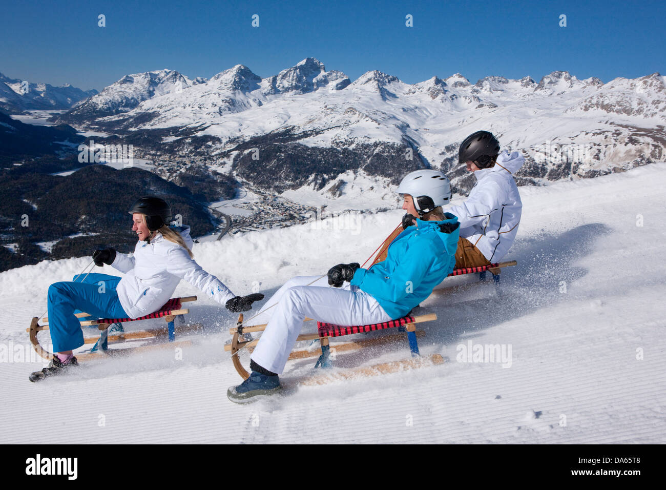 Ride, ski, luge, Muottas Muragl, vue, Engadine, Engadine, sports d'hiver, canton, GR, Grisons, Grisons, Engadine, Enga Banque D'Images