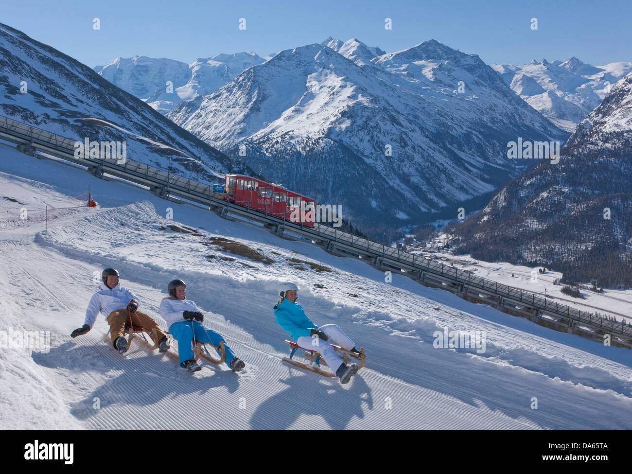 Ride, ski, luge, Muottas Muragl, vue, Engadine, Engadine, sports d'hiver, canton, GR, Grisons, Grisons, Engadine, Enga Banque D'Images