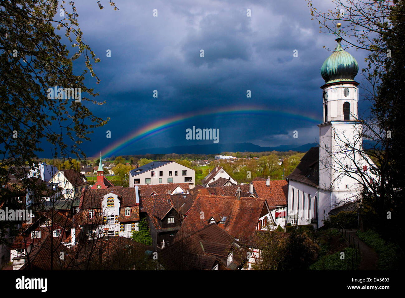 Rheineck, arc-en-ciel, canton, SG, Saint-Gall, vallée du Rhin, météo, nuages, nuage, Suisse, Europe, Banque D'Images