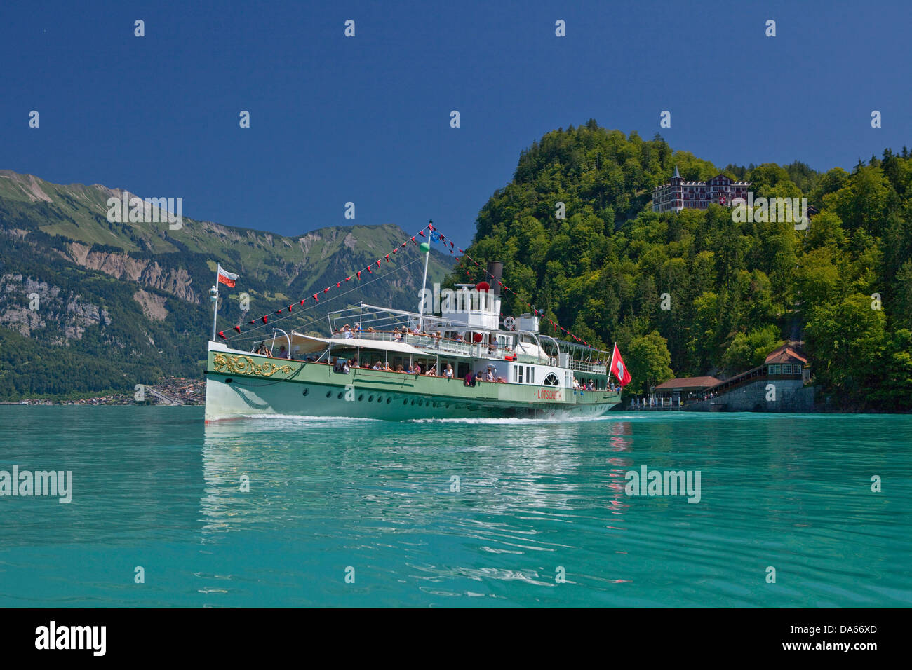 Bateau à vapeur, à aubes, le Lötschberg, hotel, torrent de montagne, navire, bateau, bateaux, bateaux, eau, cantons, Berne, Oberland Bernois, Banque D'Images