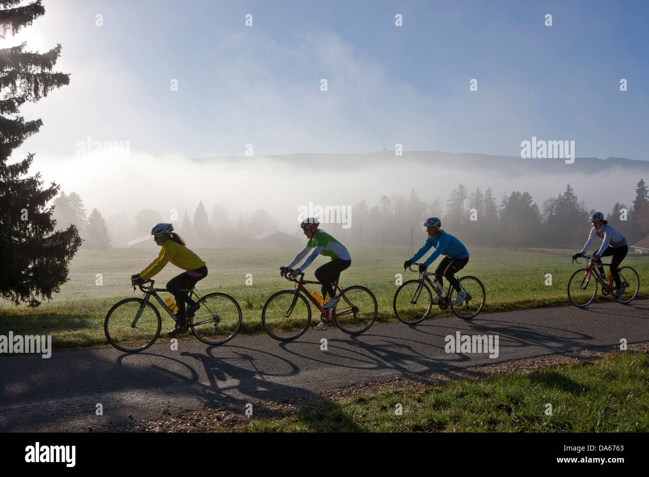 Cycliste, Motard, Mont Crosin, Chasseral, l'agriculture, le brouillard, la mer de brouillard, brouillard, canton, Berne, JU, Jura, automne, location, vélos, bi Banque D'Images